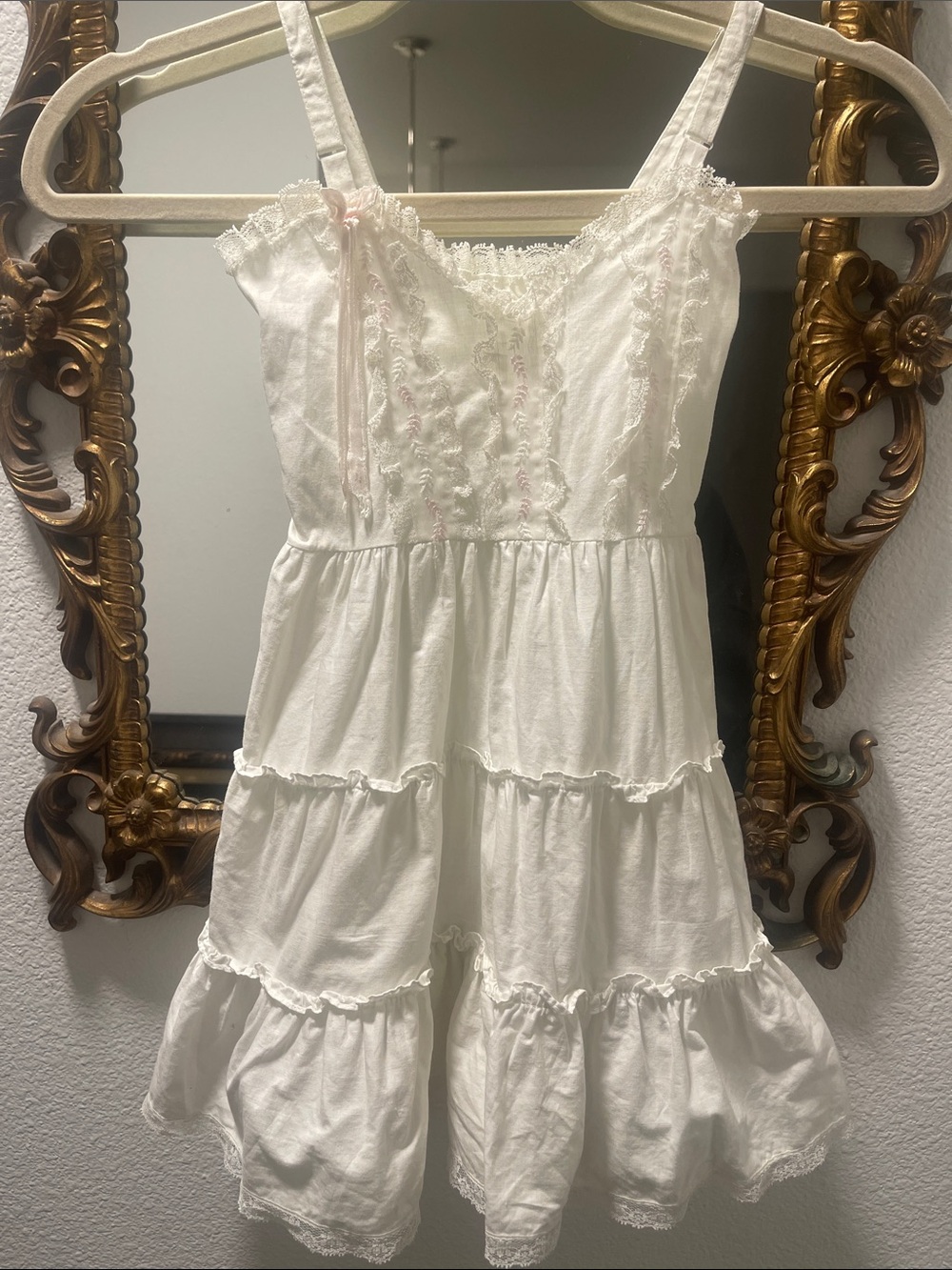Vintage White Dress with Pale Pink Ribbon, Lace and Embroidery SZ 5/6